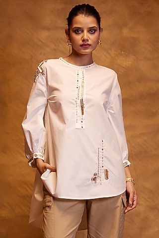 White Cotton Poplin Motifs Hand Embroidered Shirt by Bunka
