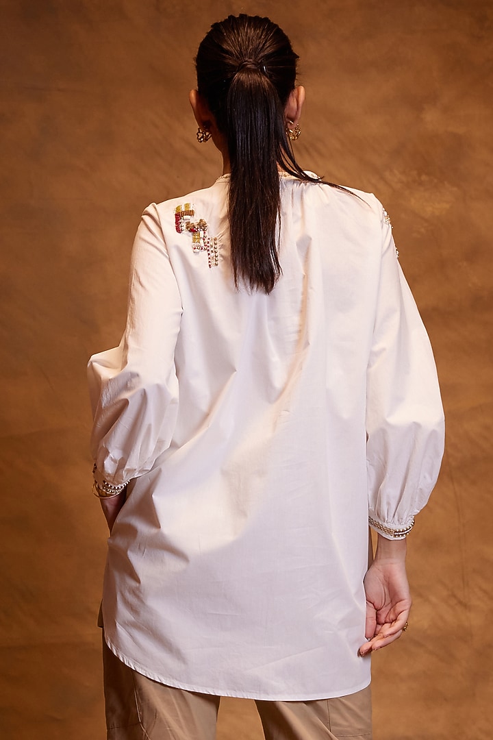 White Cotton Poplin Motifs Hand Embroidered Shirt by Bunka at Pernia's Pop Up Shop
