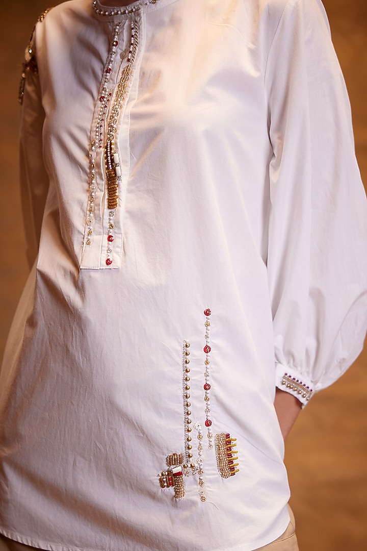 White Cotton Poplin Motifs Hand Embroidered Shirt by Bunka at Pernia's Pop Up Shop