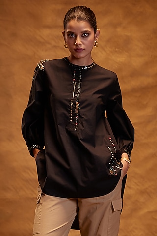 Black Cotton Poplin Motifs Hand Embroidered Shirt by Bunka