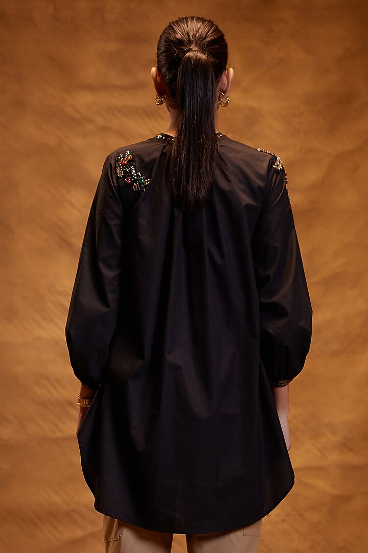 Black Cotton Poplin Motifs Hand Embroidered Shirt by Bunka at Pernia's Pop Up Shop