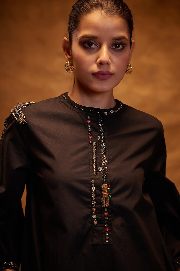 Black Cotton Poplin Motifs Hand Embroidered Shirt by Bunka at Pernia's Pop Up Shop
