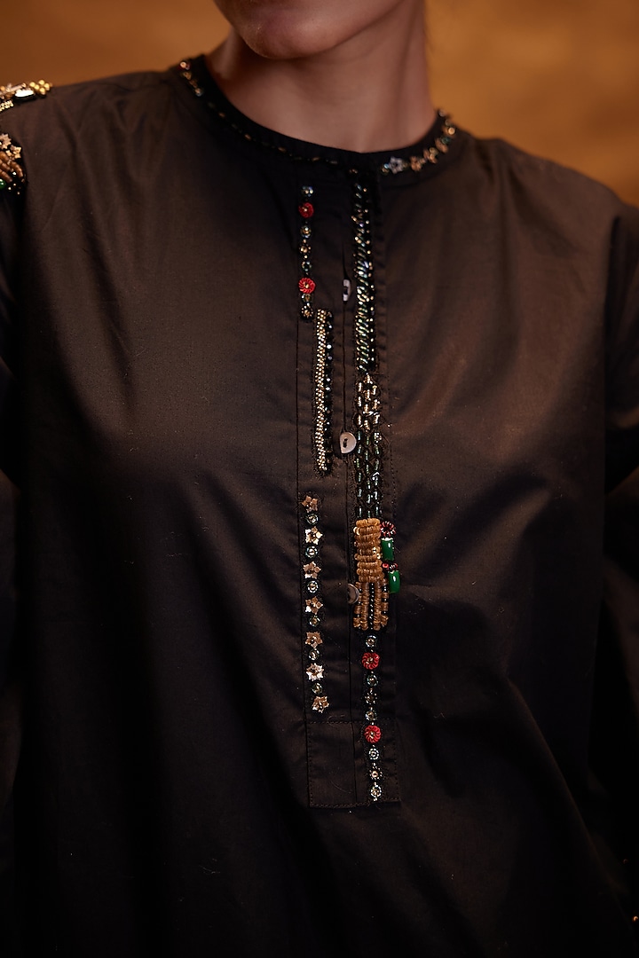 Black Cotton Poplin Motifs Hand Embroidered Shirt by Bunka at Pernia's Pop Up Shop