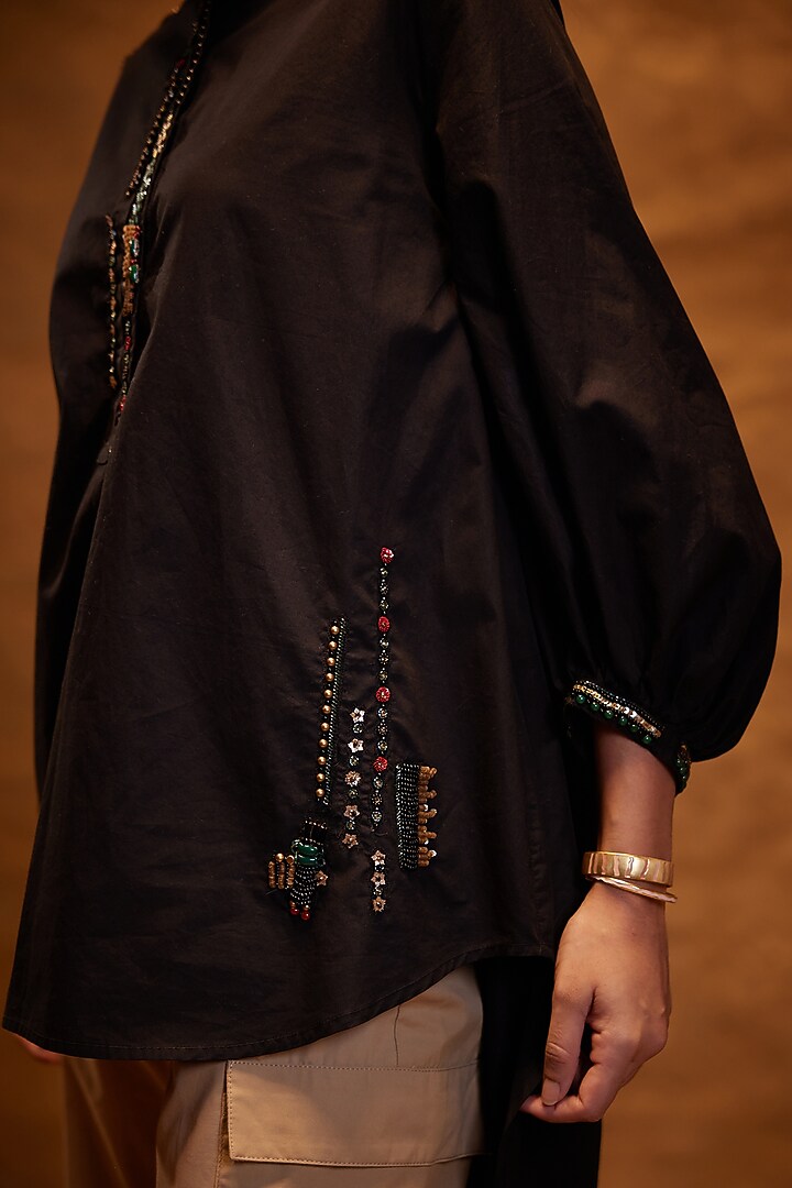 Black Cotton Poplin Motifs Hand Embroidered Shirt by Bunka at Pernia's Pop Up Shop