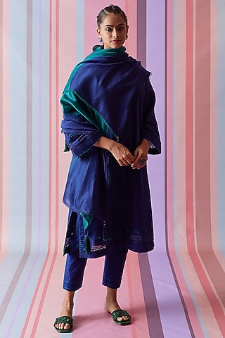 Blue Cotton Slub Kurta Set by Bunka