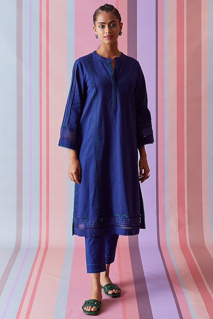 Blue Cotton Slub Kurta Set by Bunka at Pernia's Pop Up Shop