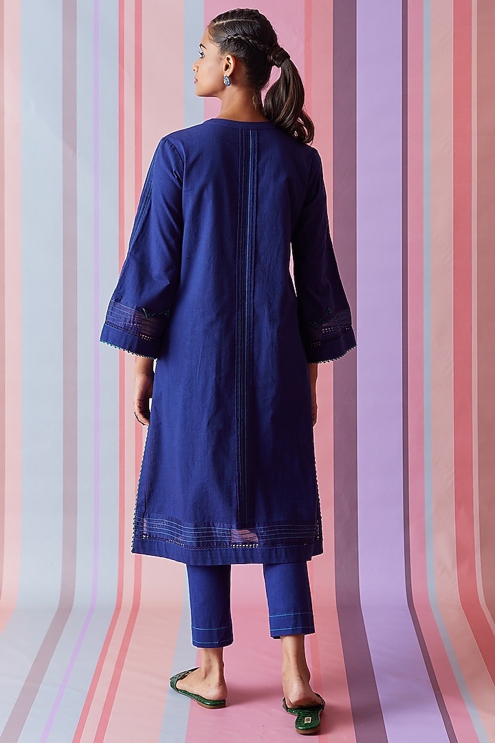 Blue Cotton Slub Kurta Set by Bunka at Pernia's Pop Up Shop