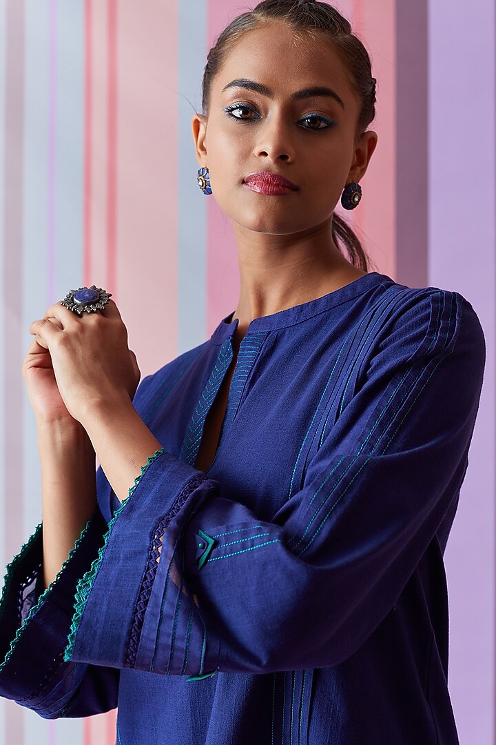 Blue Cotton Slub Kurta Set by Bunka at Pernia's Pop Up Shop