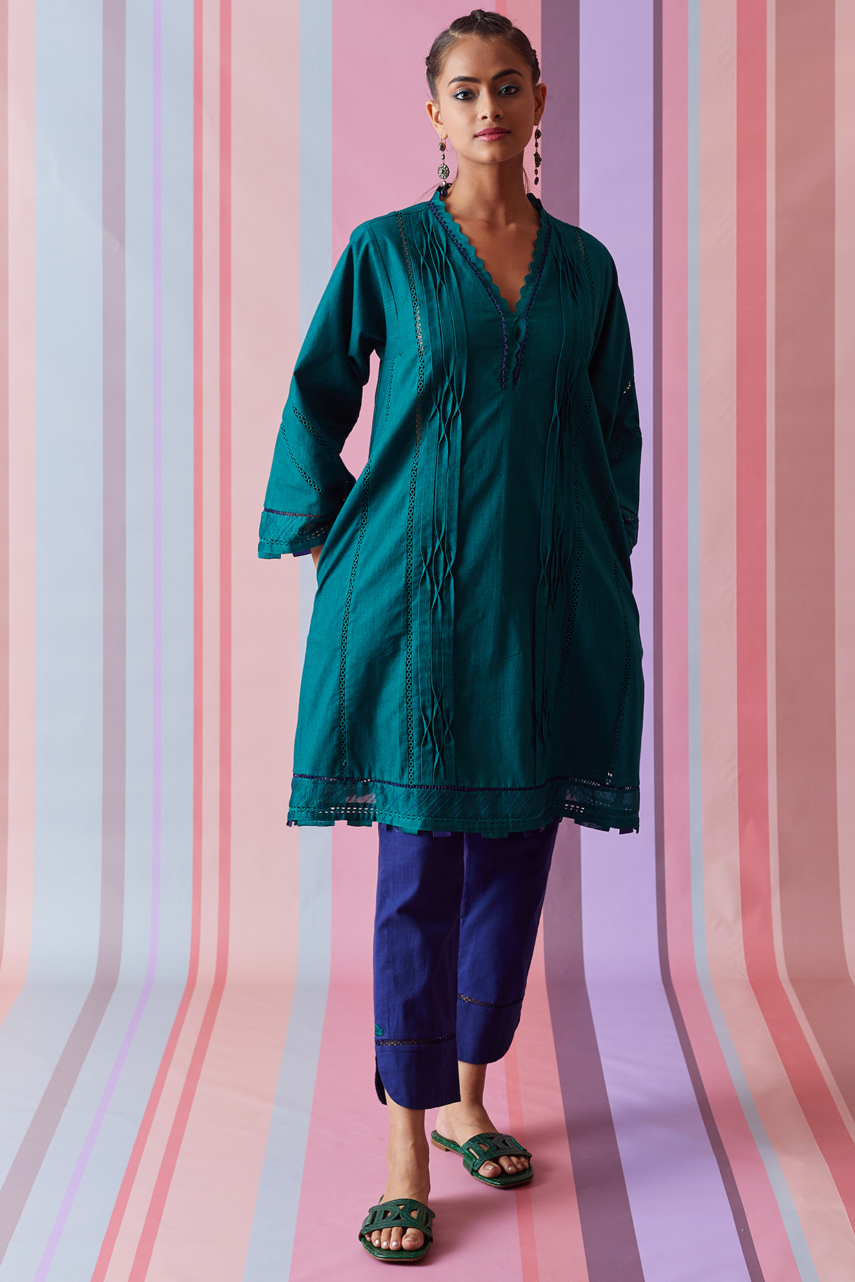 Green Cotton Slub Kurta Set by Bunka at Pernia's Pop Up Shop
