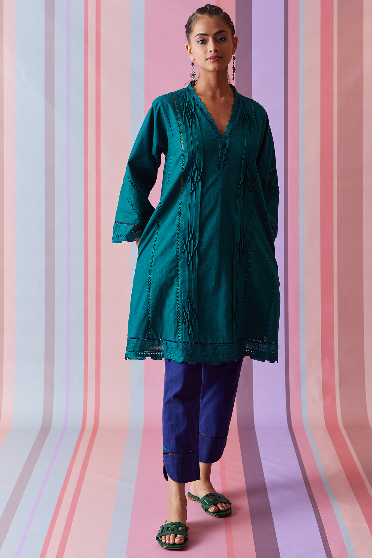 Green Cotton Slub Kurta Set by Bunka