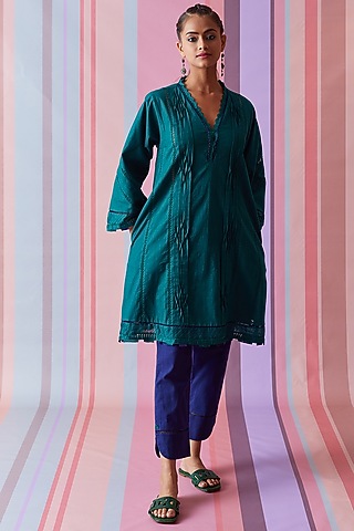 Green Cotton Slub Kurta Set by Bunka