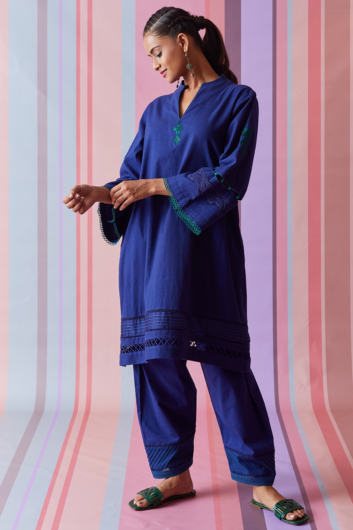 Blue Cotton Slub Choga Style Kurta Set Design by Bunka at Pernia's