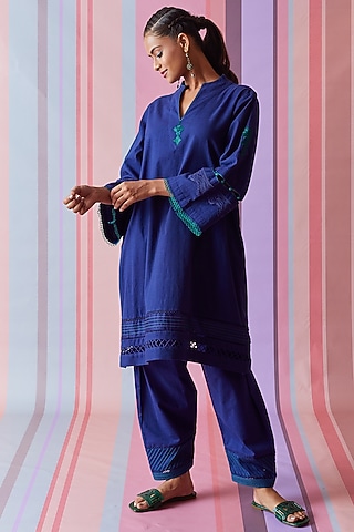 Blue Cotton Slub Choga Style Kurta Set by Bunka