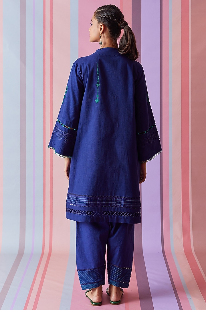 Blue Cotton Slub Choga Style Kurta Set by Bunka at Pernia's Pop Up Shop