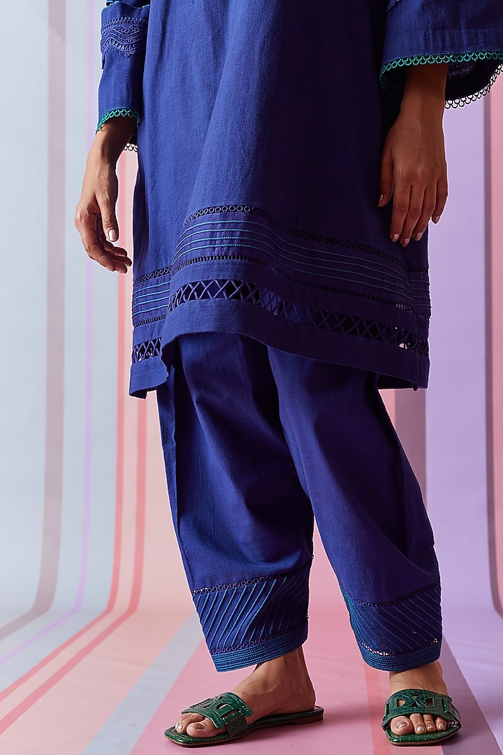 Blue Cotton Slub Choga Style Kurta Set by Bunka at Pernia's Pop Up Shop
