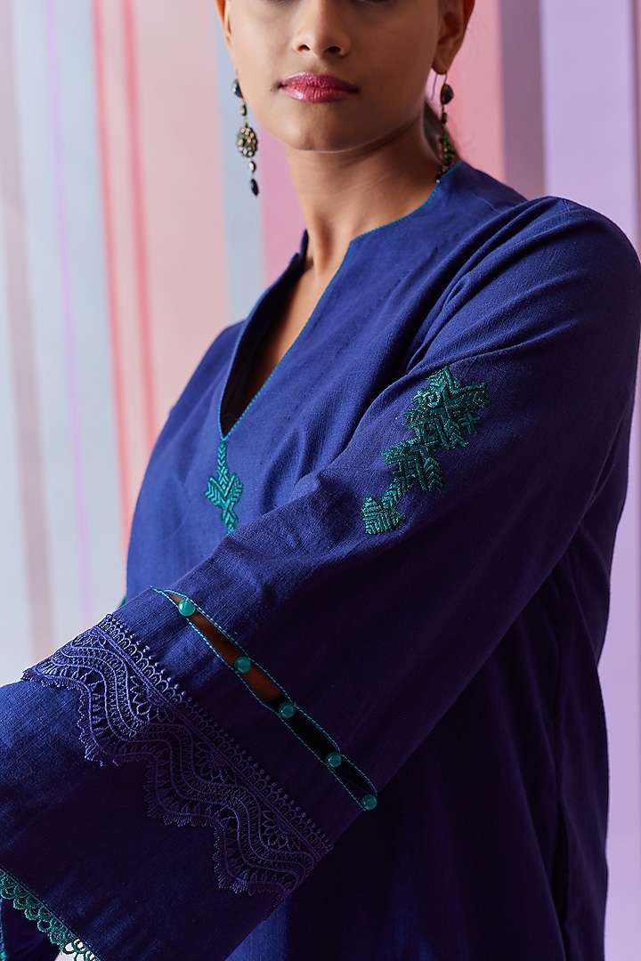 Blue Cotton Slub Choga Style Kurta Set by Bunka at Pernia's Pop Up Shop