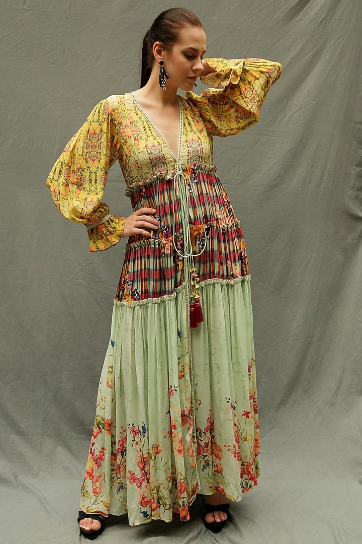 brown modest maxi dress Brown Satin Modest Long Drape Sleeves 2 Piece Dress Set 8