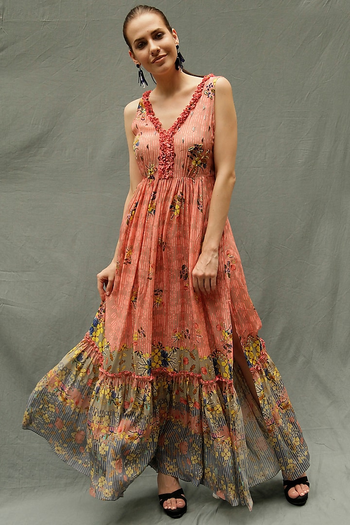 Peach Embroidered Maxi Dress by Bhanuni by Jyoti
