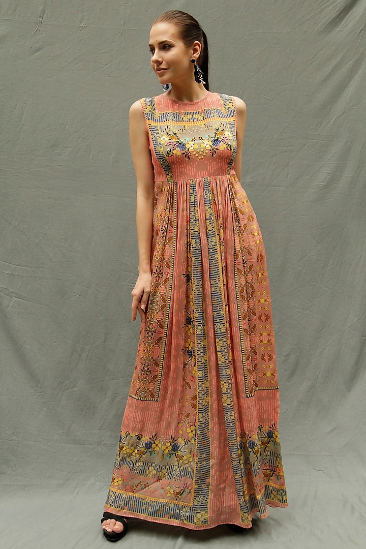 Peach Floral Maxi Dress by Bhanuni by Jyoti