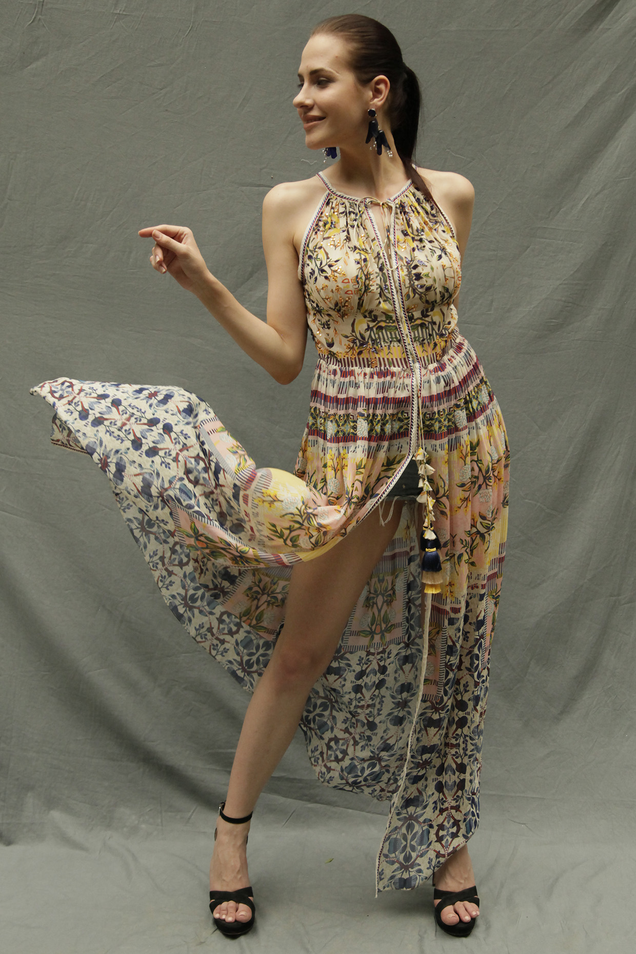 Blue & Yellow Embroidered Halter Neck Maxi Vacation Dress by Bhanuni by Jyoti at Pernia's Pop Up Shop