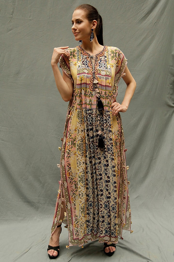 Blue & Yellow Embroidered Full Length Kaftan by Bhanuni by Jyoti at Pernia's Pop Up Shop