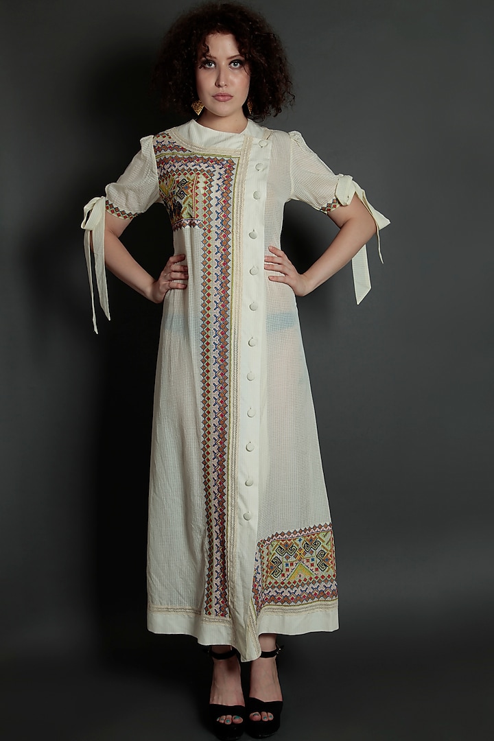 Ivory Embroidered Floral Maxi Dress by Bhanuni by Jyoti
