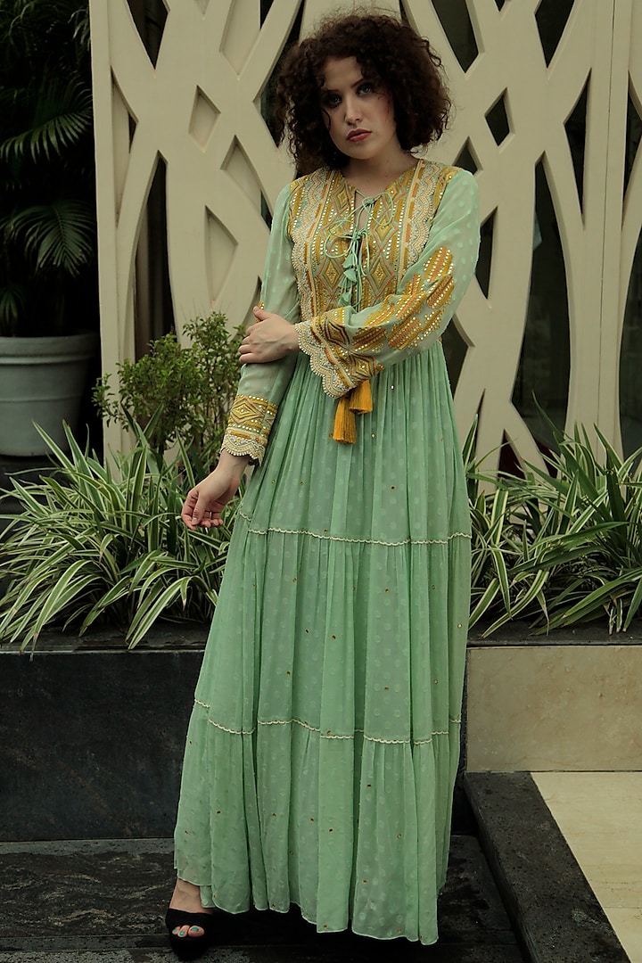 Mint Green Embroidered Maxi Dress by Bhanuni by Jyoti