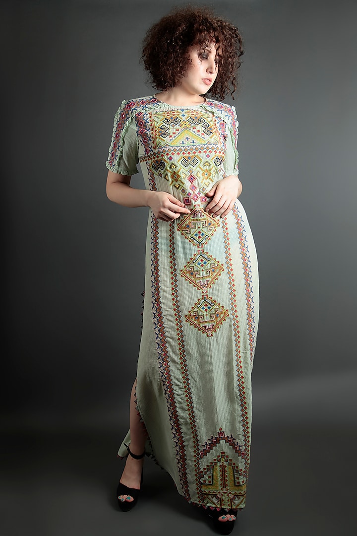 Mint Green Embroidered Floral Dress by Bhanuni by Jyoti