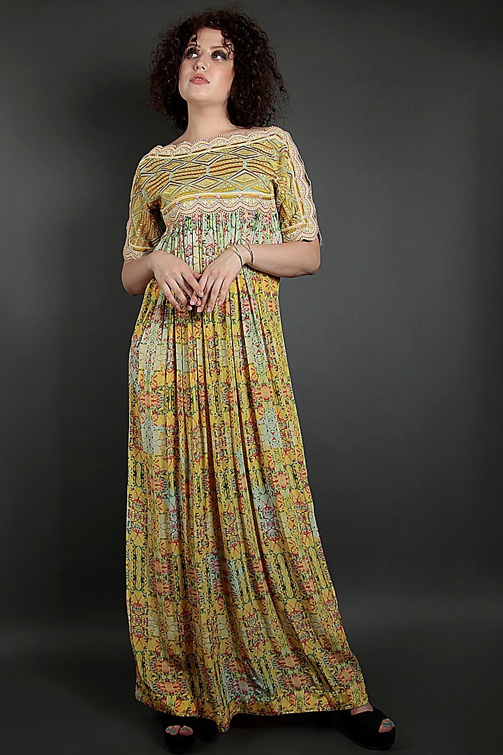 Yellow & Mint Green Embroidered Floral Dress by Bhanuni by Jyoti