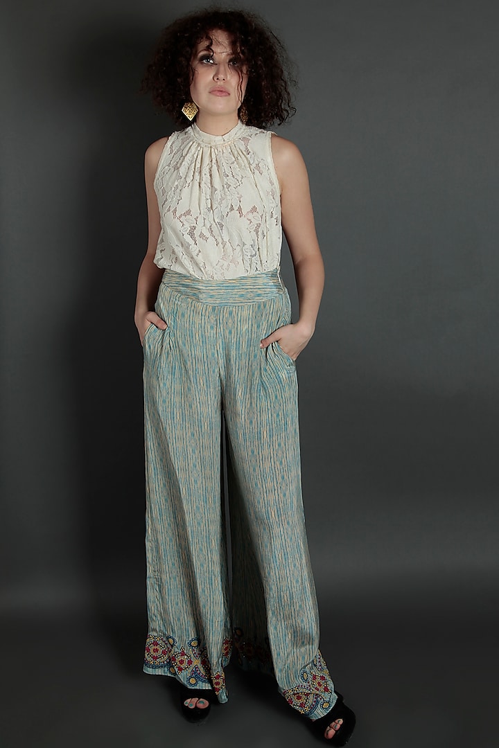 Blue Embroidered Flared Pants by Bhanuni by Jyoti