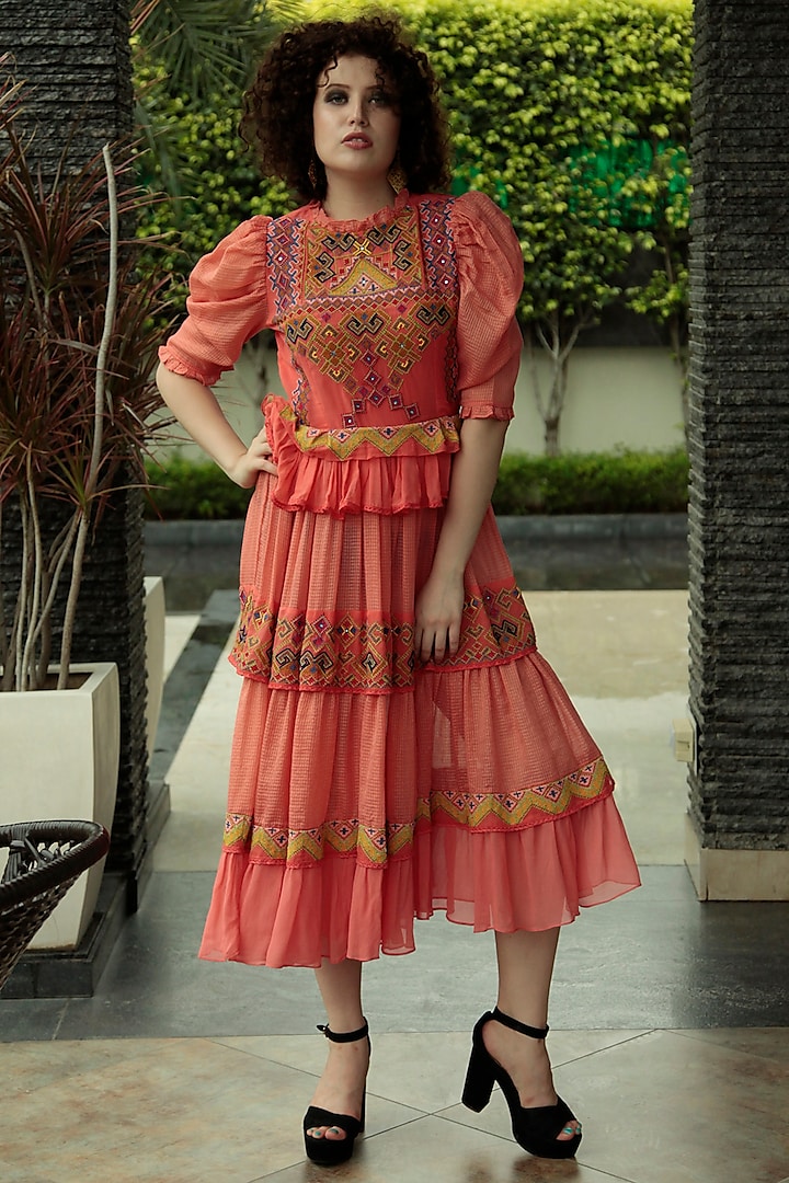 Tomato Red Embroidered Midi Dress by Bhanuni by Jyoti