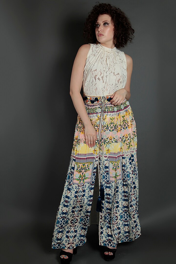 Blue & Yellow Embroidered Flared Pants by Bhanuni by Jyoti