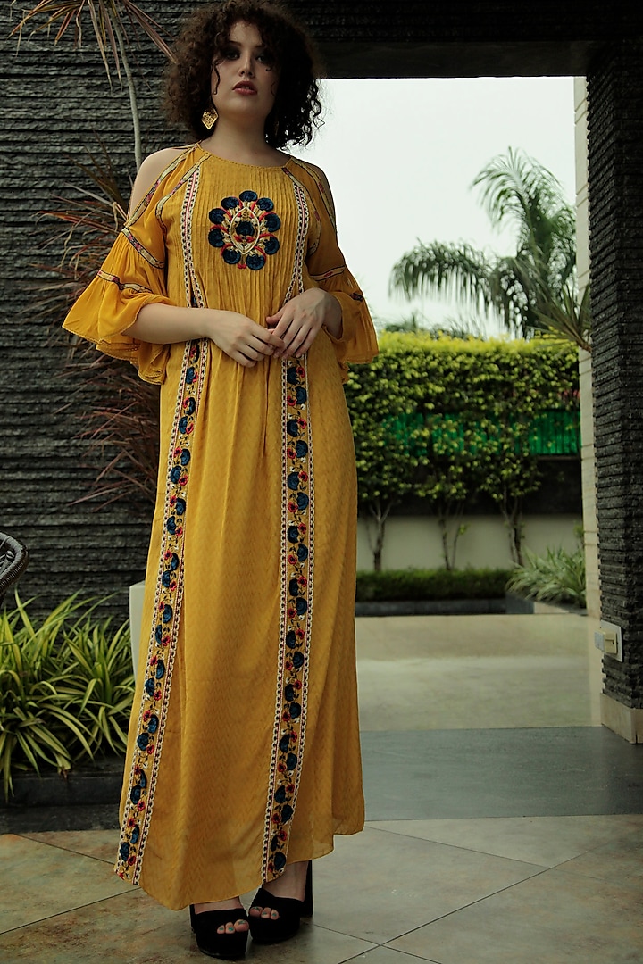 Yellow Embroidered Cold Shoulder Dress by Bhanuni by Jyoti