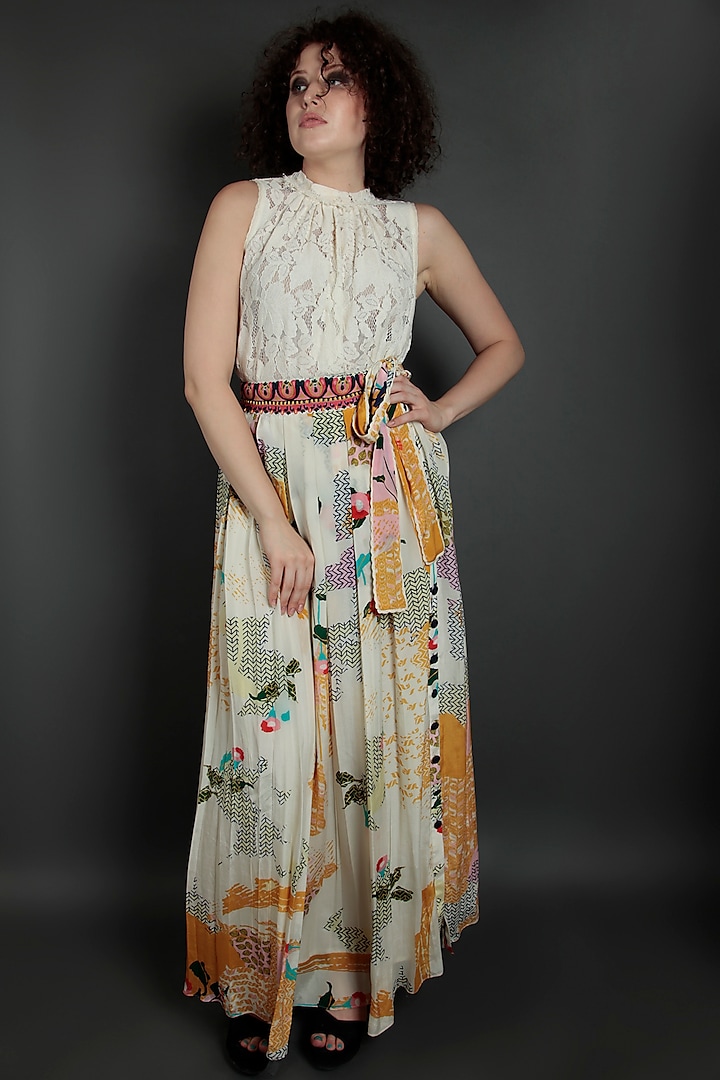 Ivory & Yellow Embroidered Skirt by Bhanuni by Jyoti