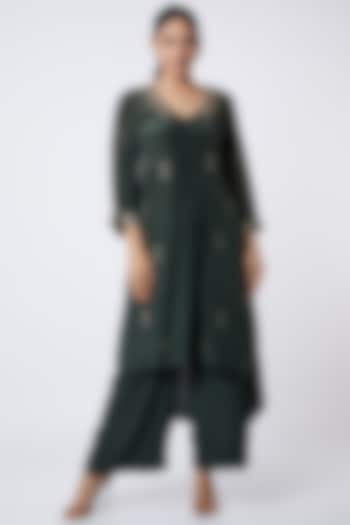 Bottle Green Hand Embroidered Tunic Set by Bohame