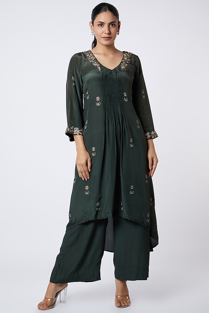 Bottle Green Hand Embroidered Tunic Set by Bohame