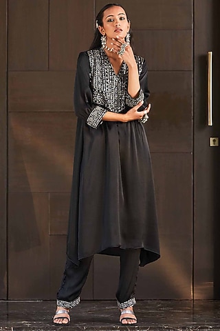 Black Satin Chiffon Hand Embroidered Kurta Set by Bohame
