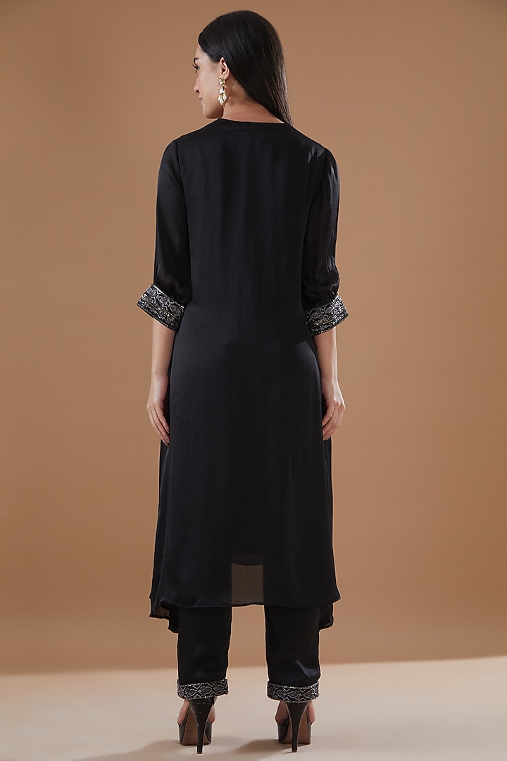 Black Satin Chiffon Hand Embroidered Kurta Set by Bohame at Pernia's Pop Up Shop