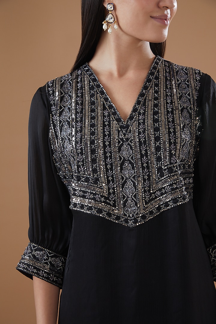 Black Satin Chiffon Hand Embroidered Kurta Set by Bohame at Pernia's Pop Up Shop