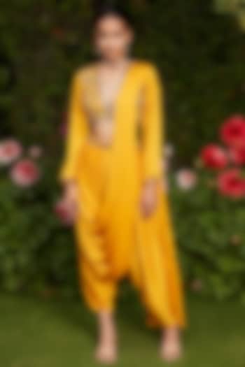 Mustard Satin Chiffon Pre-Draped Concept Saree Set by Bohame