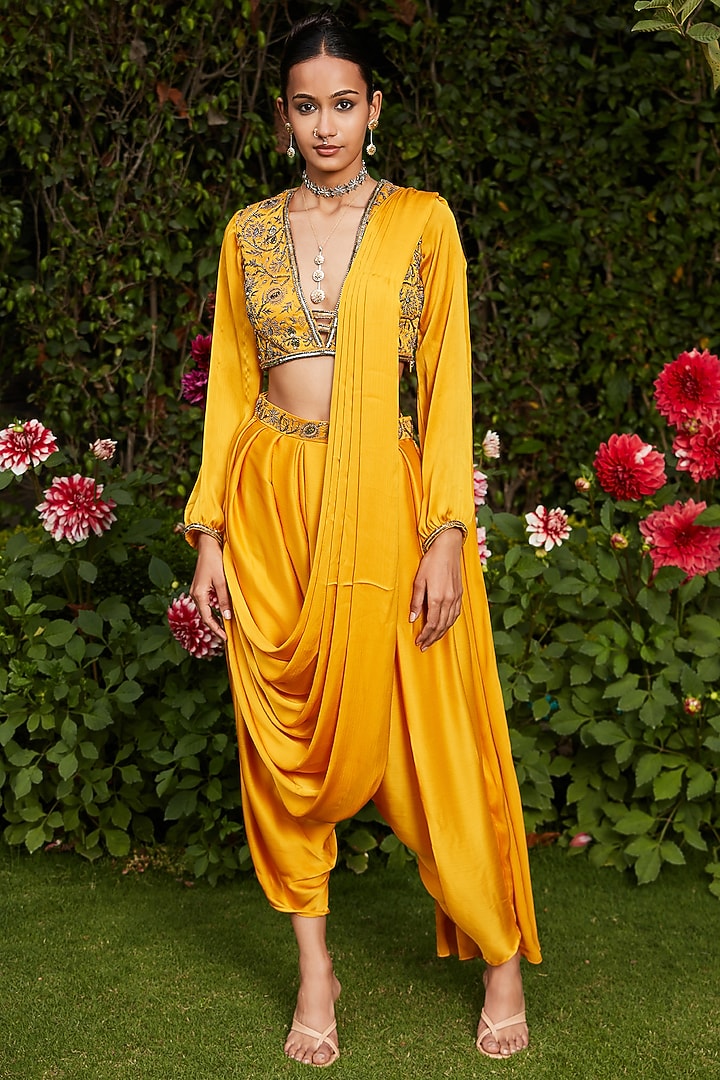 Mustard Satin Chiffon Pre-Draped Concept Wedding Saree Set by Bohame at Pernia's Pop Up Shop