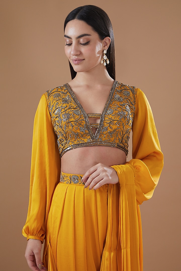 Mustard Satin Chiffon Pre-Draped Concept Wedding Saree Set by Bohame at Pernia's Pop Up Shop