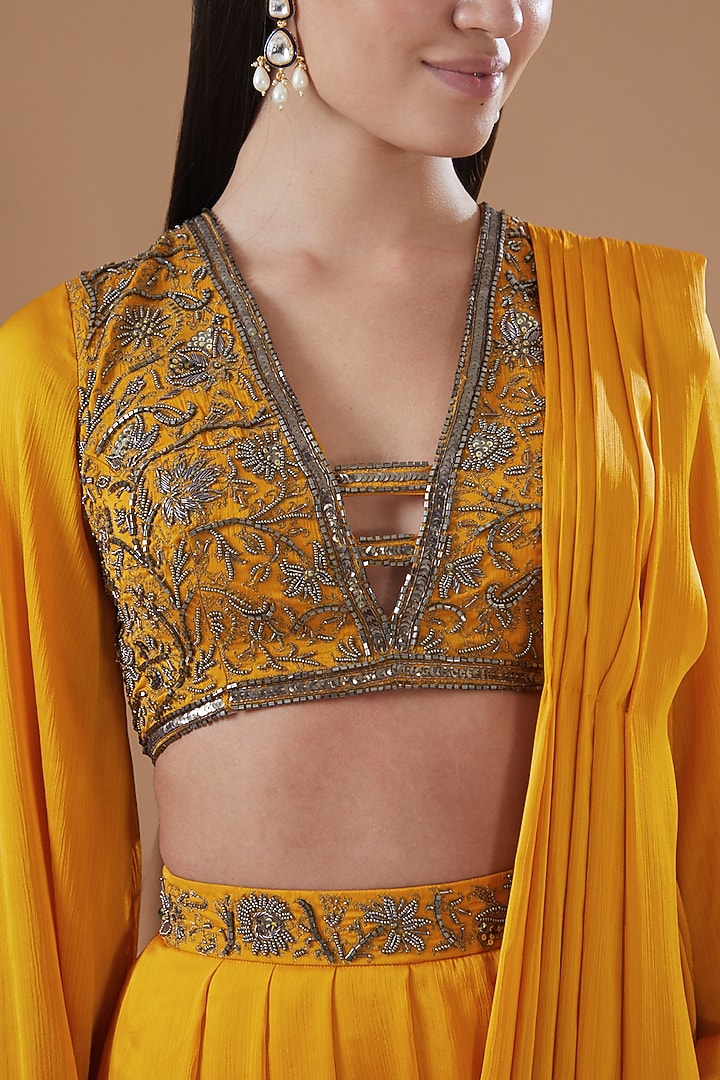 Mustard Satin Chiffon Pre-Draped Concept Wedding Saree Set by Bohame at Pernia's Pop Up Shop