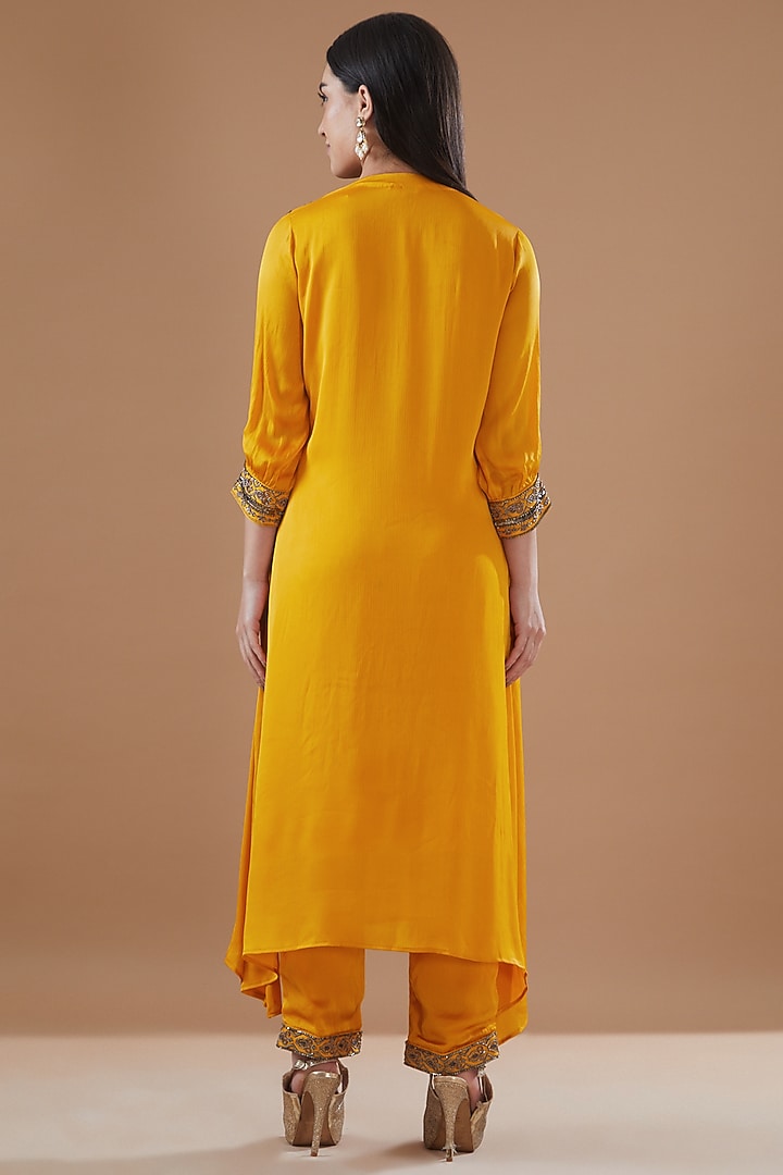 Mustard Satin Chiffon Hand Embroidered Kurta Set by Bohame at Pernia's Pop Up Shop