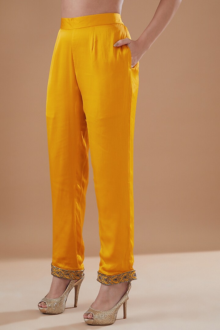 Mustard Satin Chiffon Hand Embroidered Kurta Set by Bohame at Pernia's Pop Up Shop