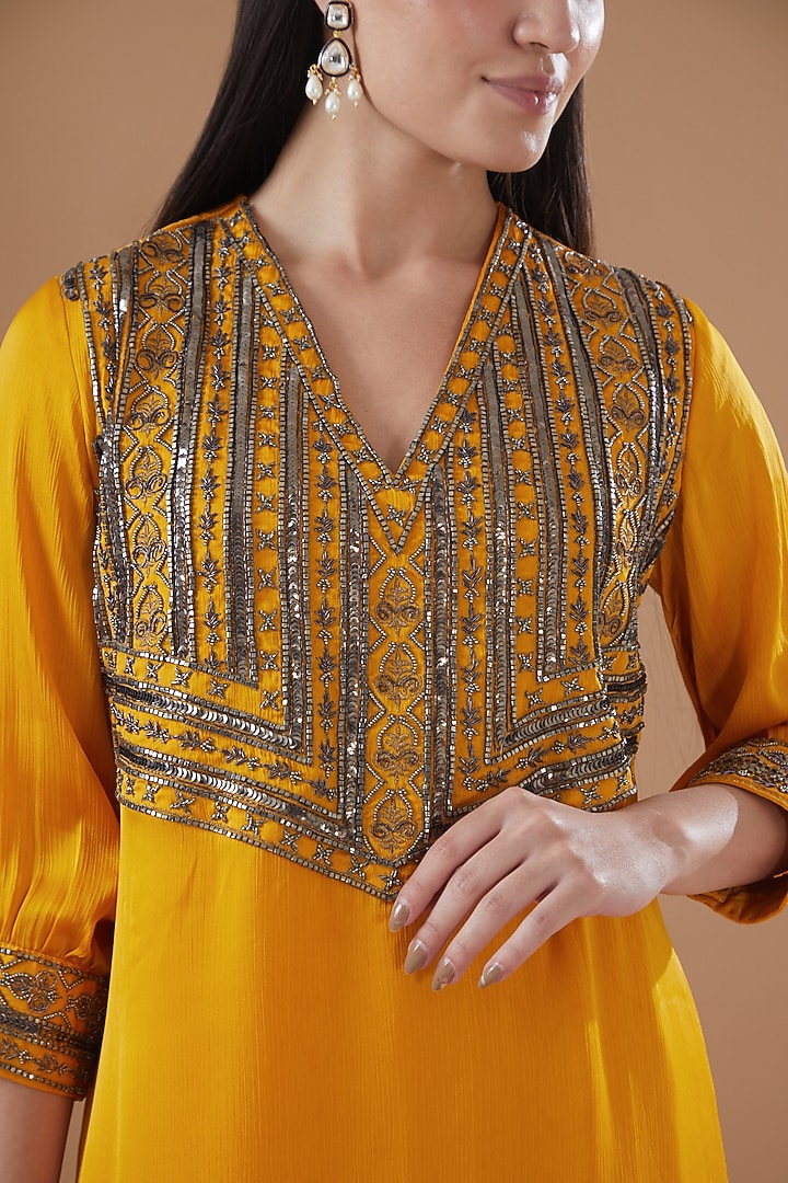 Mustard Satin Chiffon Hand Embroidered Kurta Set by Bohame at Pernia's Pop Up Shop