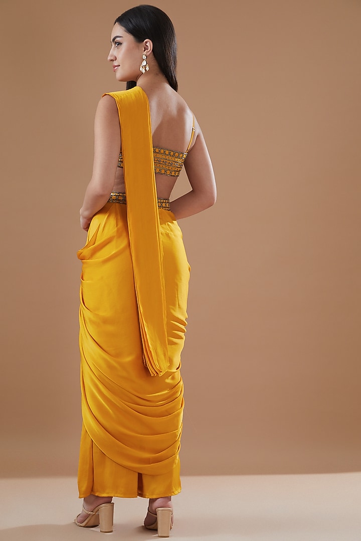 Mustard Satin Chiffon Concept Pant Wedding Saree Set by Bohame at Pernia's Pop Up Shop