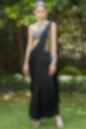 Black Satin Chiffon Concept Pant Saree Set by Bohame