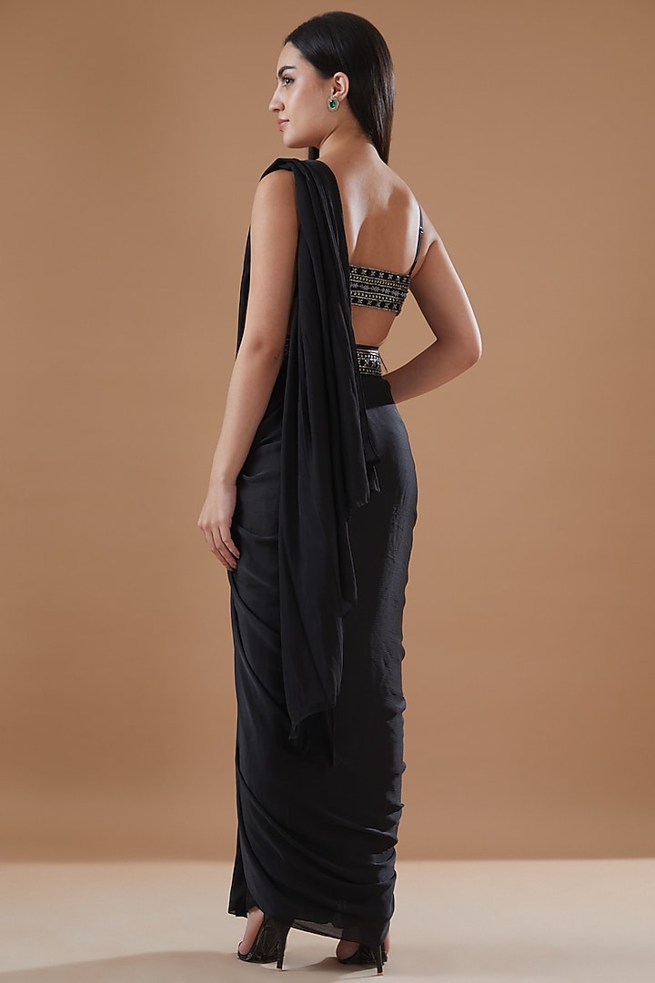 Black Satin Chiffon Concept Pant Wedding Saree Set by Bohame at Pernia's Pop Up Shop