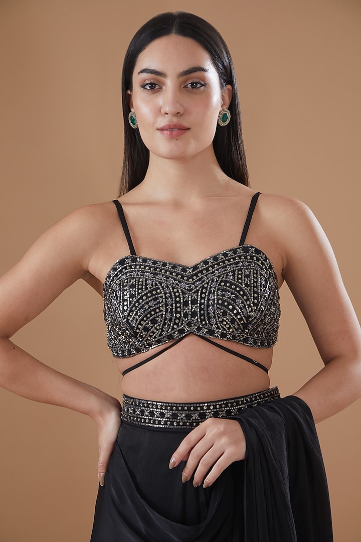 Black Satin Chiffon Concept Pant Wedding Saree Set by Bohame at Pernia's Pop Up Shop